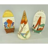 THREE CLARICE CLIFF SUGAR CASTERS, comprising conical 'Taormina Orange', Bonjour 'Crocus', and