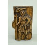 SCOTTISH TREEN SNUFFBOX carved in the style of the 'Blind Man of Ayrshire' with a highlander holding