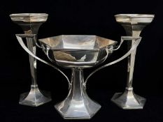 GARNITURE OF THREE GEORGE V PANELLED SILVER VASES, Walker & Hall, Sheffield 1916, of hexagonal