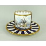 BONE CHINA COFFEE CAN & SAUCER BY STEFAN NOWACKI, painted Napoleonic ships of the line in rough