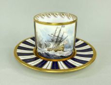 BONE CHINA COFFEE CAN & SAUCER BY STEFAN NOWACKI, painted Napoleonic ships of the line in rough