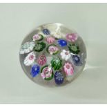 CLICHY SPACED MILLEFIORI PAPERWEIGHT pink, white, green and blue canes, and three rose