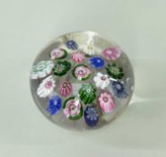 CLICHY SPACED MILLEFIORI PAPERWEIGHT pink, white, green and blue canes, and three rose