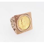 9CT GOLD TEXTURED & PIERCED SQUARE RING set with gold South African 1/2 Pond coin, ring size S, 13.