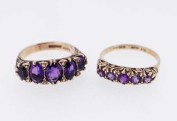 TWO 9CT GOLD FIVE STONE AMETHYST RINGS, ring sizes L and P, 7.0gms gross (2) Provenance: private