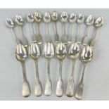 ASSORTED MATCHED SILVER SPOONS comprising six dessert spoons and eleven other smaller spoons, mainly