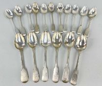 ASSORTED MATCHED SILVER SPOONS comprising six dessert spoons and eleven other smaller spoons, mainly