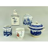 GROUP OF FIVE ENGLISH CERAMICS late 18th / early 19th Century comprising flask tea-caddy,