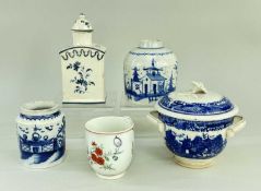 GROUP OF FIVE ENGLISH CERAMICS late 18th / early 19th Century comprising flask tea-caddy,