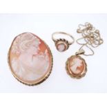 CAMEO JEWELLERY comprising yellow metal set carved cameo brooch, 9ct gold cameo pendant on 9ct