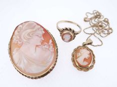 CAMEO JEWELLERY comprising yellow metal set carved cameo brooch, 9ct gold cameo pendant on 9ct