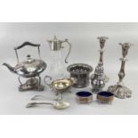ASSORTED SILVER PLATE comprising glass and silver plate claret jug, EPNS spirit kettle on stand,