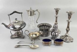 ASSORTED SILVER PLATE comprising glass and silver plate claret jug, EPNS spirit kettle on stand,