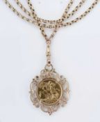 9CT GOLD OVAL LINK MUFF CHAIN, having Victorian gold sovereign pendant, old head, 1897, 77cms