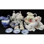 ASSORTED CERAMICS including pair Staffordshire spaniels, pair Staffordshire figures of mounted