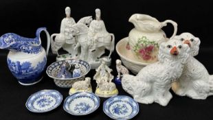 ASSORTED CERAMICS including pair Staffordshire spaniels, pair Staffordshire figures of mounted