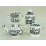 FOUR ENGLISH BLACK TRANSFER PRINTED POTTERY VESSELS, comprising 'Girl with Goat' small teapot,