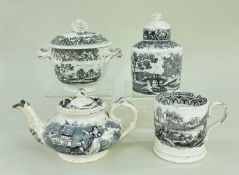 FOUR ENGLISH BLACK TRANSFER PRINTED POTTERY VESSELS, comprising 'Girl with Goat' small teapot,