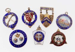 SEVEN MASONIC ENAMELLED SILVER BADGES, mostly Spencer & Co, various dates 1924-1930, including one