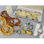 ASSORTED JEWELLERY comprising replica wristwatch marked 'Cartier', semi-precious gem set necklace in