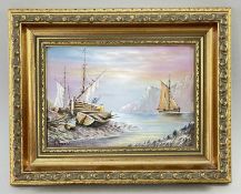 ROYAL WORCESTER PORCELAIN LANDSCAPE PLAQUE PAINTED BY MICHAEL POWELL, depicting fishermen and