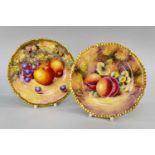 A PAIR OF ROYAL WORCESTER FRUIT PAINTED PLATES, by John Smith & Christopher Bowen, gilt gadrooned