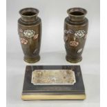 JAPANESE METALWARE, Taisho Period, comprising pair metal inlaid bronze vases, decorated iroe-
