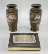 JAPANESE METALWARE, Taisho Period, comprising pair metal inlaid bronze vases, decorated iroe-