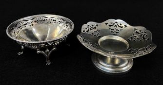 TWO SILVER PIERCED BON BON DISHES, one having circular pedestal base, Birmingham 1944, the other