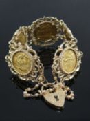 9CT GOLD SCROLL DESIGN BRACELET, having engraved heart shaped padlock, set with five gold half