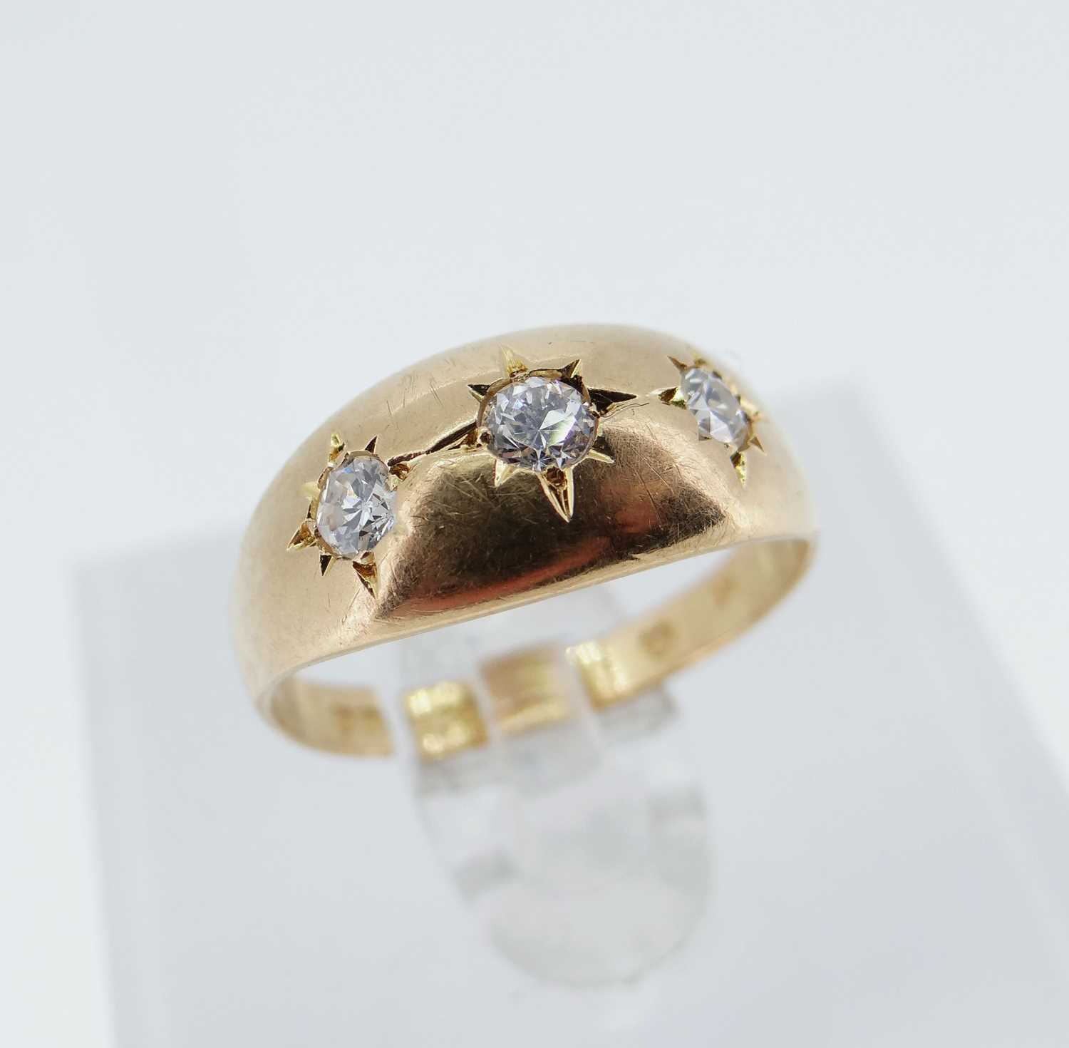 TWO GOLD RINGS comprising 18ct gold three stone diamond 'gypsy' set ring (size L), 2.7gms, - Image 6 of 8