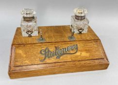 EARLY 20TH CENTURY OAK INK STAND / STATIONARY BOX, fitted two cut glaSs inkwells and labelled