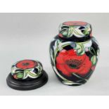 MOORCROFT POTTERY GINGER JAR & COVER tube-line decoration by Rachel Bishop in `Poppy` pattern,