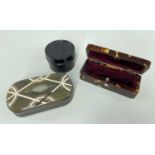 THREE BOXES, including 19th C. tortoiseshell toothpick box, 19th C. inlaid horn snuffbox, and turned