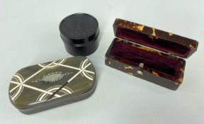 THREE BOXES, including 19th C. tortoiseshell toothpick box, 19th C. inlaid horn snuffbox, and turned