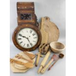 ASSORTED TREEN & WALL CLOCK, including fruitwood toddy ladle, barrel tap, pulley block, various