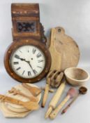 ASSORTED TREEN & WALL CLOCK, including fruitwood toddy ladle, barrel tap, pulley block, various