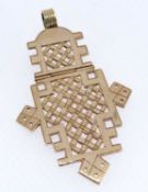 YELLOW METAL TWO SECTION HINGED PENDANT, of Ethiopian Coptic cross form, unmarked, 22.7gms
