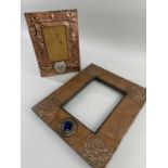 ARTS & CRAFTS LIBERTY-STYLE COPPER PHOTO FRAME, set with Ruskin roundel and Tudor rose embossed