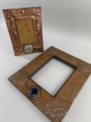 ARTS & CRAFTS LIBERTY-STYLE COPPER PHOTO FRAME, set with Ruskin roundel and Tudor rose embossed