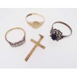 GOLD JEWELLERY comprising 9ct gold signet ring, 9ct gold cross pendant, 18ct gold and platinum