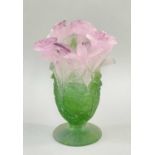 DAUM PATE DE VERRE GLASS VASE, lilac and green roses, circular foot, signed 'Daum France', boxed,