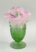 DAUM PATE DE VERRE GLASS VASE, lilac and green roses, circular foot, signed 'Daum France', boxed,