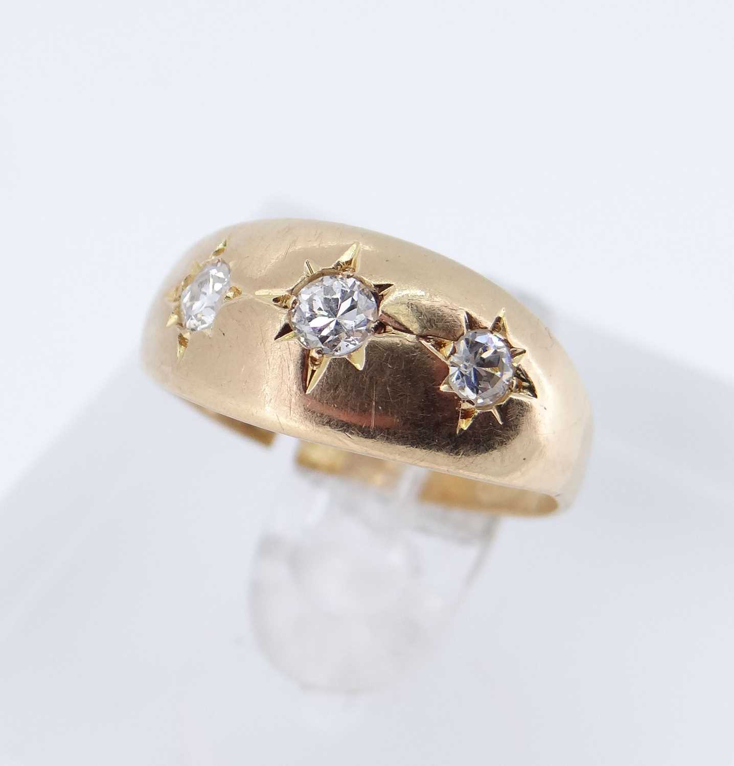 TWO GOLD RINGS comprising 18ct gold three stone diamond 'gypsy' set ring (size L), 2.7gms, - Image 8 of 8