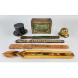 ‡ TENBY MUSEUM OF CRAFTS: group of items including brass bilicock hat pen wipe, tin top hat