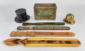 ‡ TENBY MUSEUM OF CRAFTS: group of items including brass bilicock hat pen wipe, tin top hat