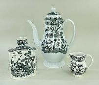 THREE ENGLISH PEARLWARES IN MATCHING TRANSFERS circa 1790, comprising bellied coffee-pot with dome