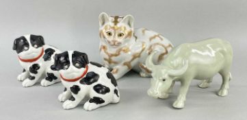 ASIAN PORCELAIN ANIMALS, comprising pair Kutani cats 10cm long, another larger 18cm long, and a