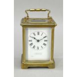 BRASS CARRIAGE CLOCK, reatiled by J Rossiter & Sons - Western Super Mare, 5-glass case with platform