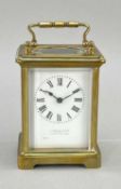 BRASS CARRIAGE CLOCK, reatiled by J Rossiter & Sons - Western Super Mare, 5-glass case with platform